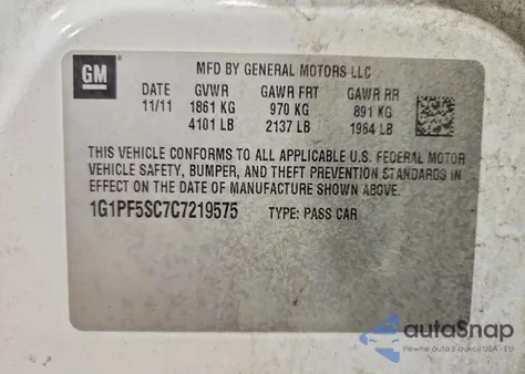 2012 Chevrolet Cruze Lt z USA, uszkodzony, nr VIN 1G1PF5SC7C7219575